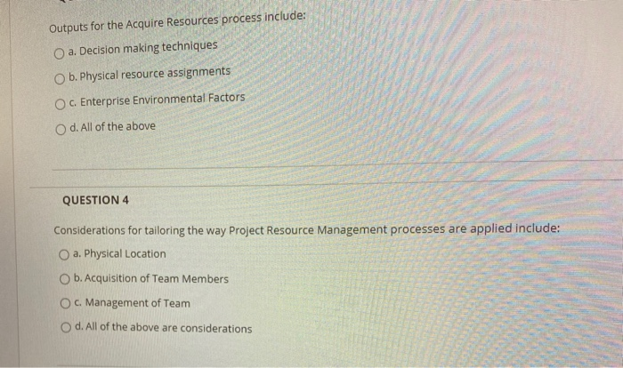Outputs for the Acquire Resources process
