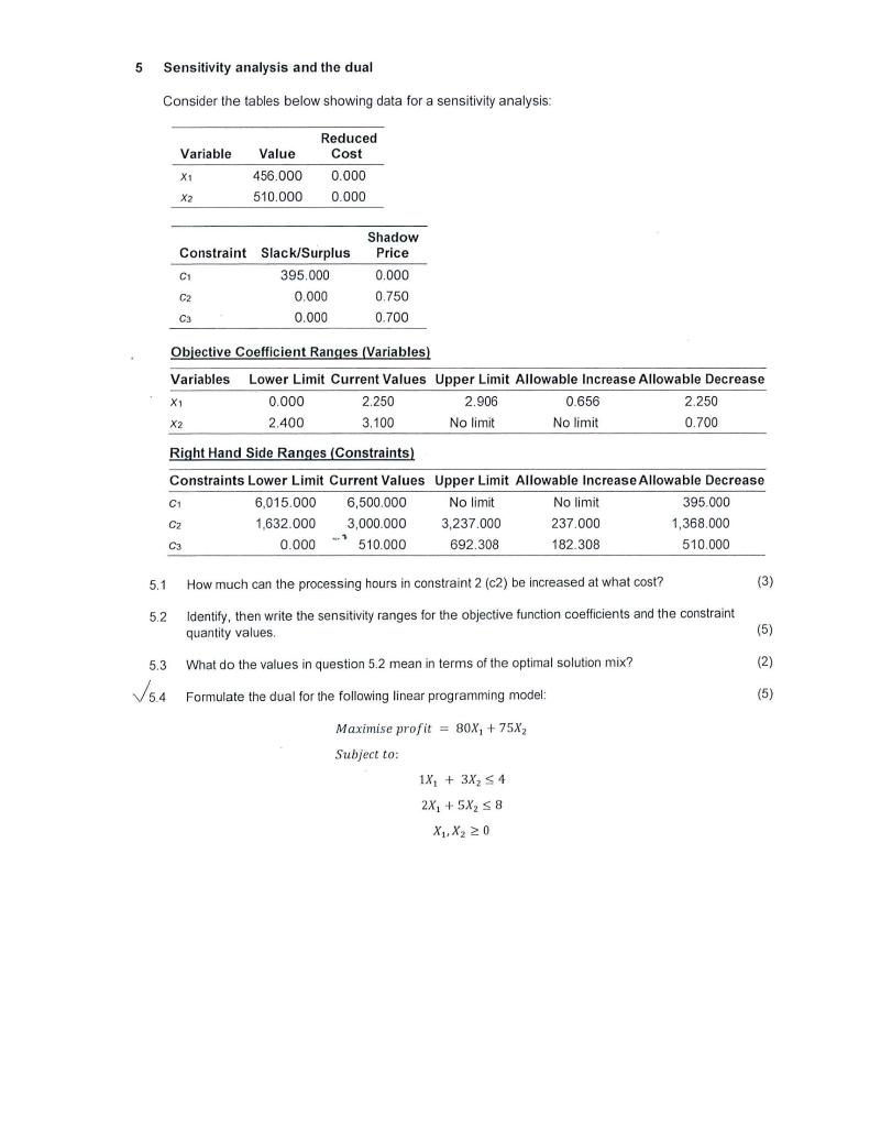 5 Sensitivity analysis and the dual Consider the