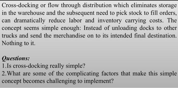 Subject : Marketing Channel Cross-docking or flow