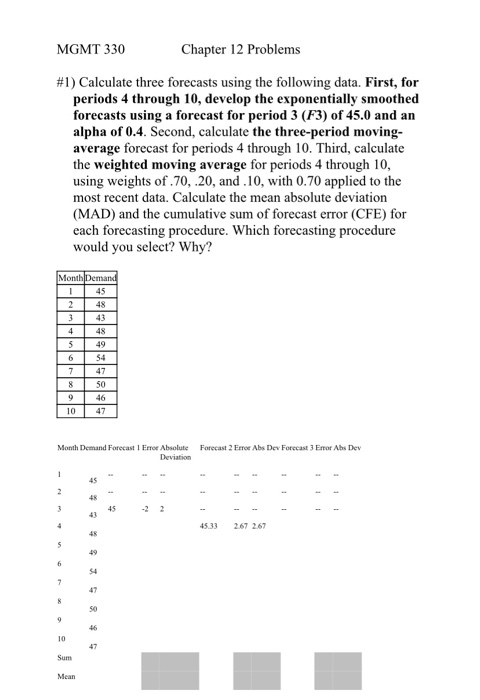 MGMT 330 Chapter 12 Problems #1) Calculate three