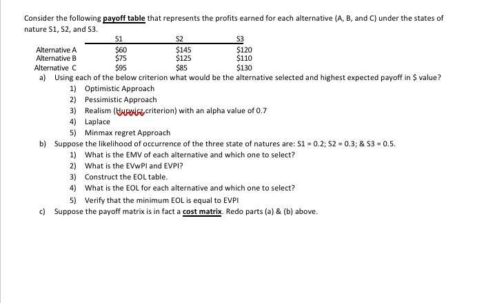 Consider the following payoff table that