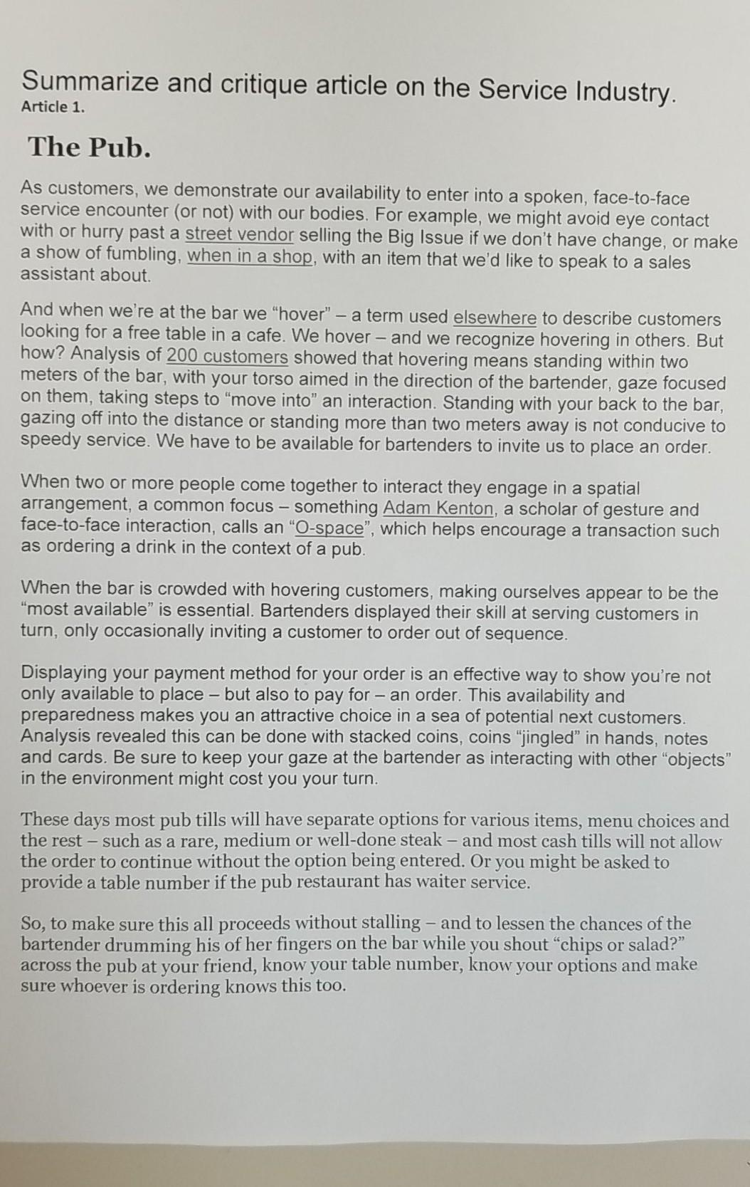 Summarize and critique article on the Service