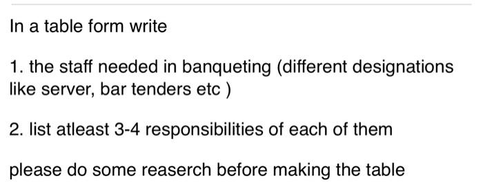 In a table form write 1. the staff needed in