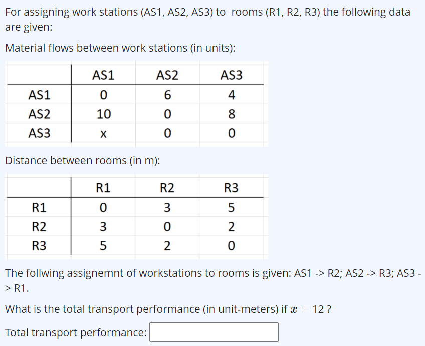 For assigning work stations (AS1, AS2, AS3) to