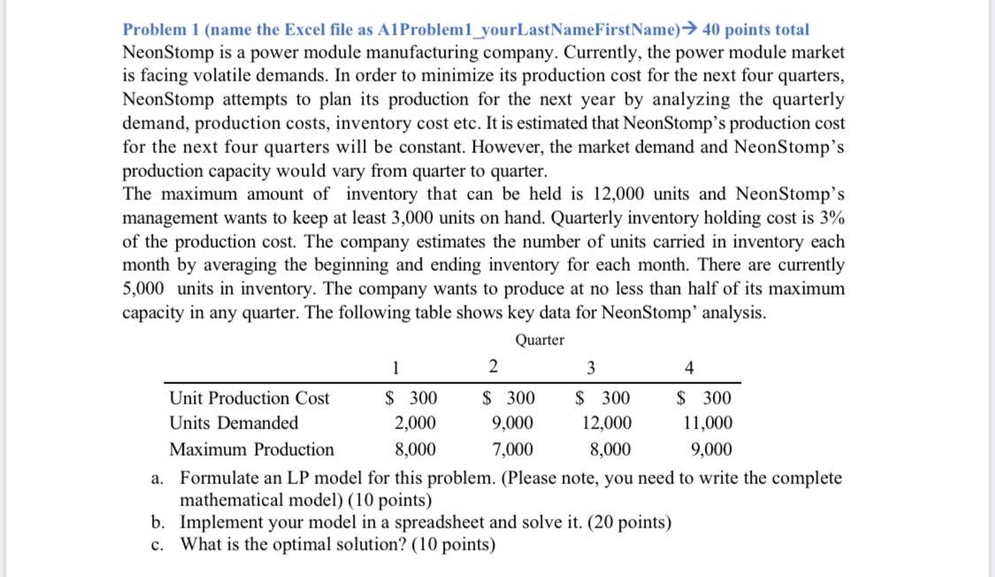 Problem 1 (name the Excel file as