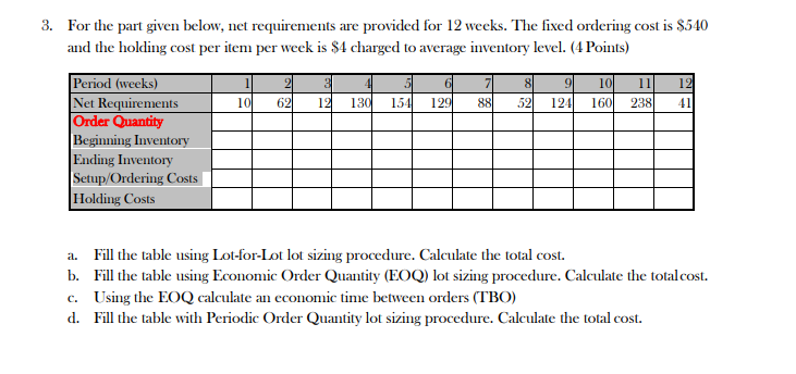 3. For the part given below, net requirements are