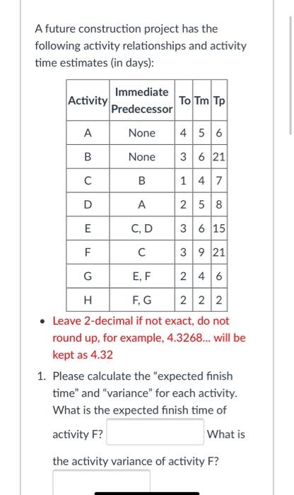 A future construction project has the following