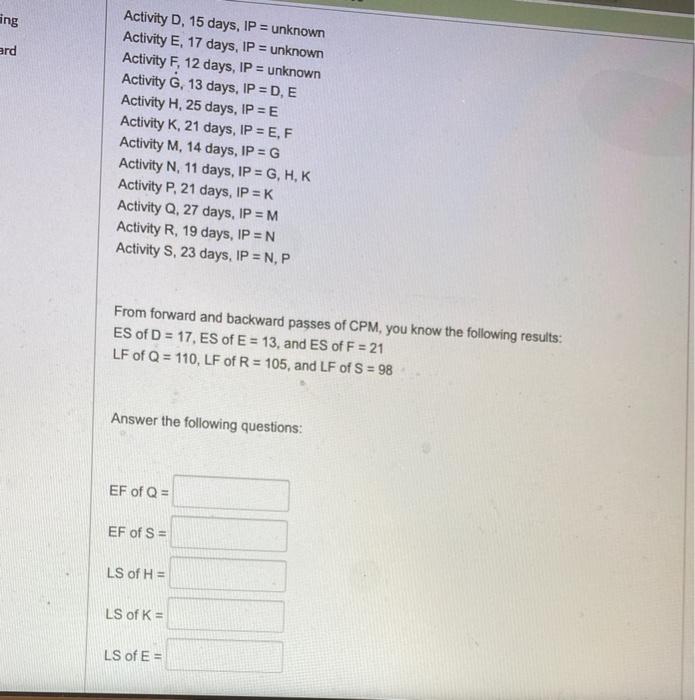 ing ard Activity D, 15 days, IP = unknown