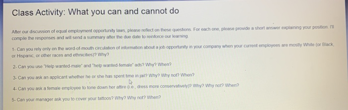 Class Activity: What you can and cannot do After