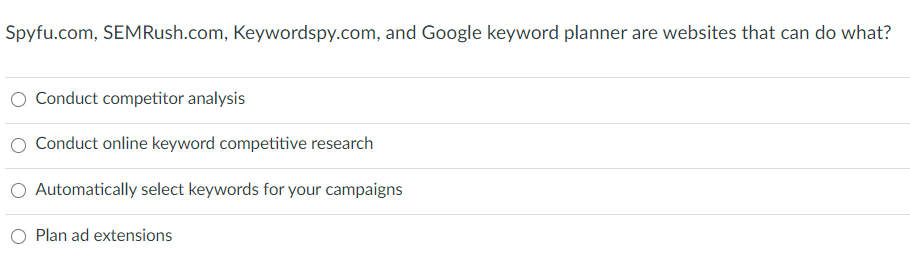 Spyfu.com, SEMRush.com, Keywordspy.com, and