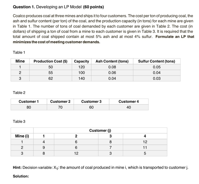 Question 1. Developing an LP Model (60 points)