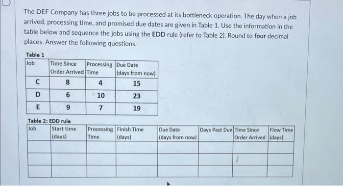 The DEF Company has three jobs to be processed at