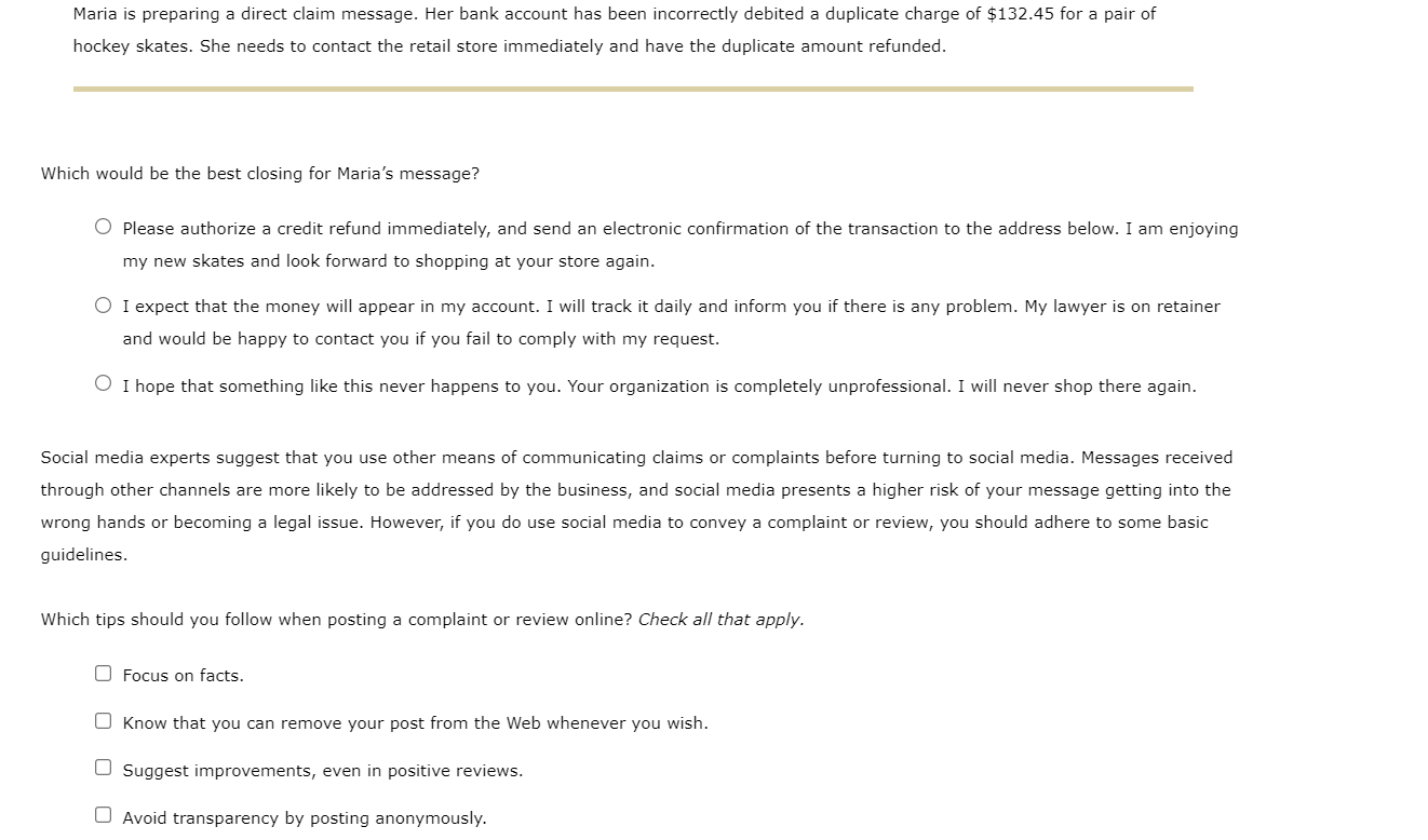 Maria is preparing a direct claim message. Her