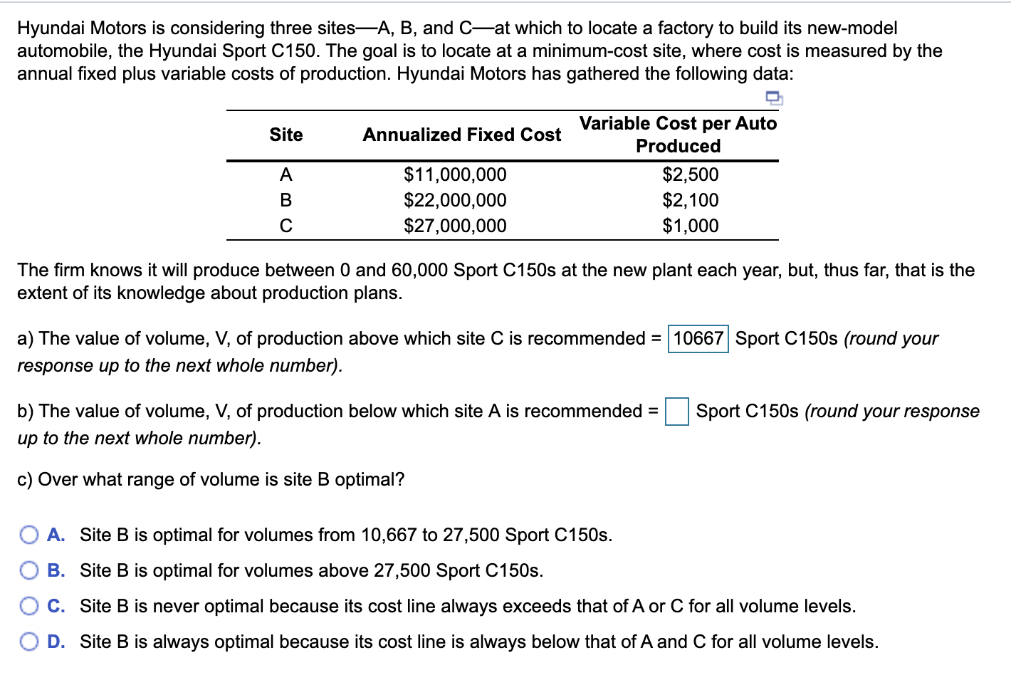 Hyundai Motors is considering three sitesA, B,