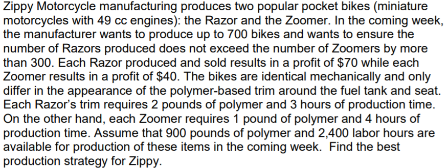 Zippy Motorcycle manufacturing produces two
