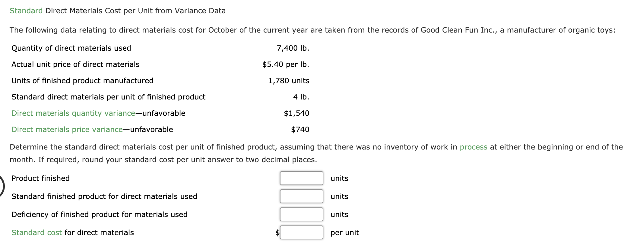 Standard Direct Materials Cost per Unit from