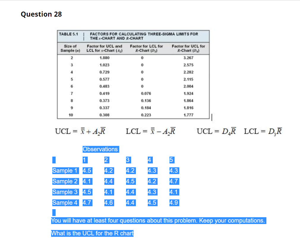 Question 28 TABLE 5.1 FACTORS FOR CALCULATING