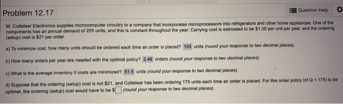 Problem 12.17 Question Help M. Cotteleer
