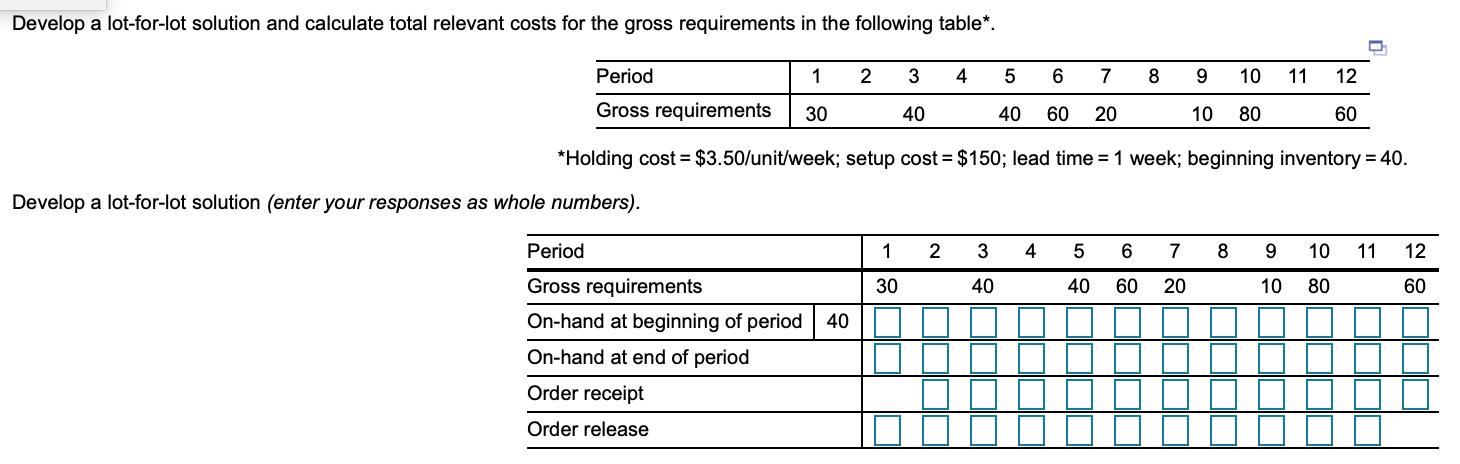 Develop a lot-for-lot solution and calculate