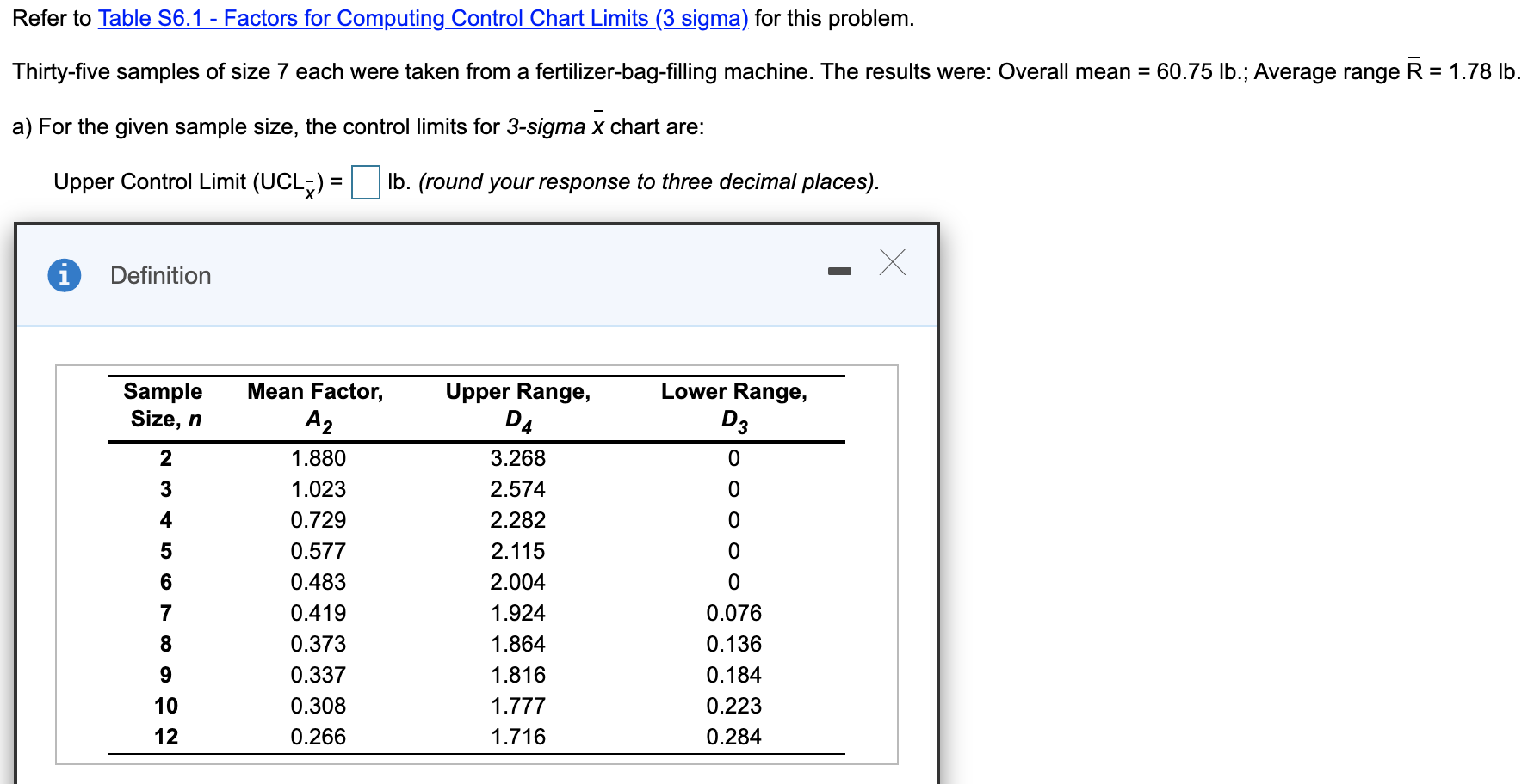 Refer to Table 56.1 - Factors for Computing
