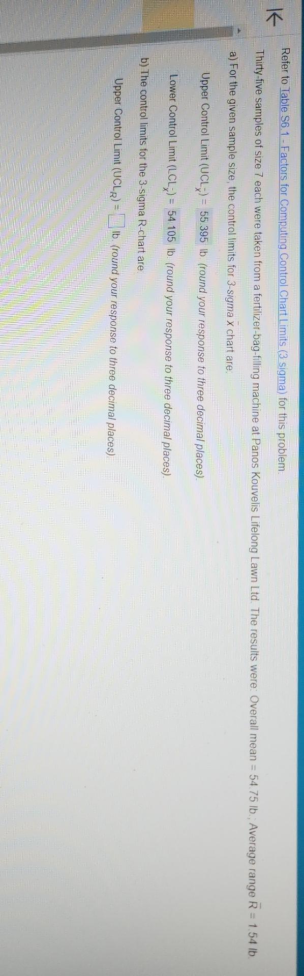 Refer to Table S6.1 - Factors for Computing