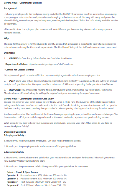 Corona Virus - Opening for Business Background: