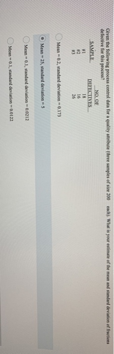 Given the following process control data for a