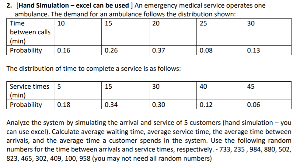2. (Hand Simulation - excel can be used ] An