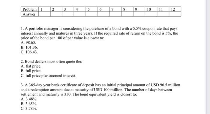 2 5 9 3 4 5 6 7 Problem 1 Answer 8 10 11 12 1. A