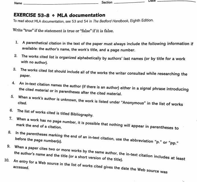 EXERCISE 53-8 MLA documentation To read about MLA