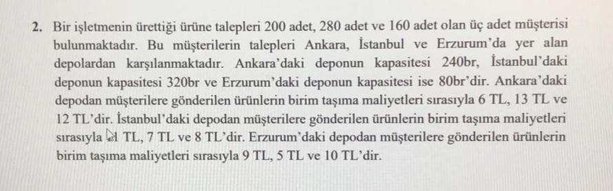 2. Bir iletmenin rettii rne talepleri 200 adet,