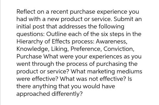 need Reflect on a recent purchase experience you