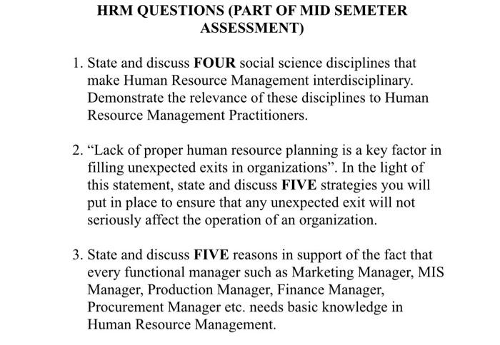 Human Resource Management HRM QUESTIONS (PART OF