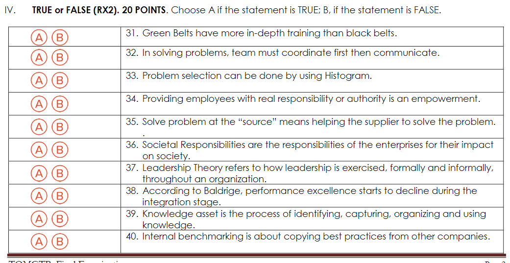 IV. TRUE or FALSE (RX2). 20 POINTS. Choose A if