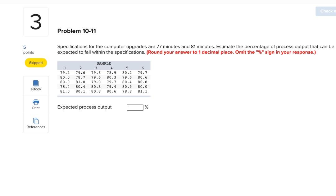Check 3 Problem 10-11 5 points Specifications for