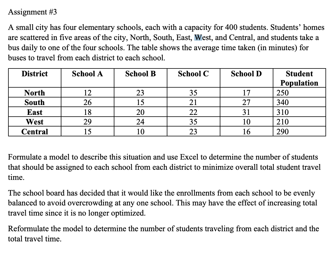 Assignment #3 A small city has four elementary