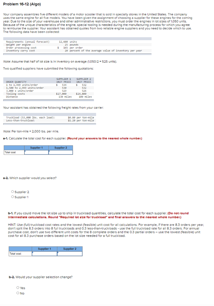 Problem 16-12 (Algo) Your company assembles five