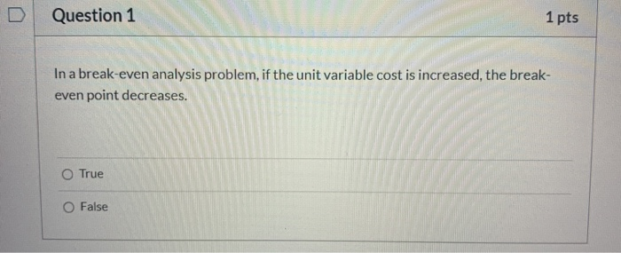 Question 1 1 pts In a break-even analysis