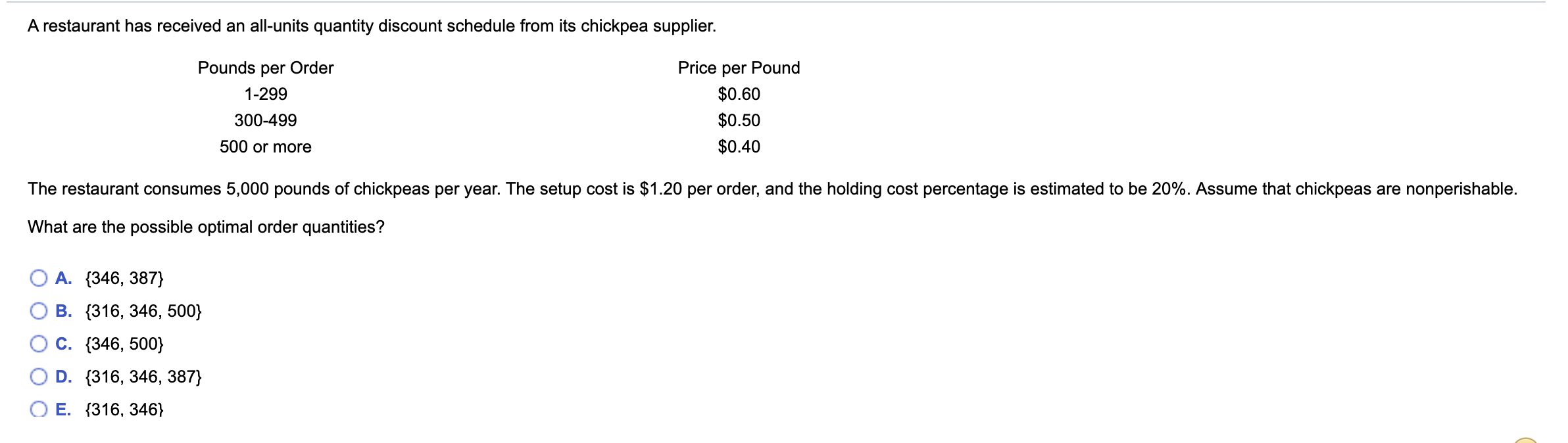 A restaurant has received an all-units quantity