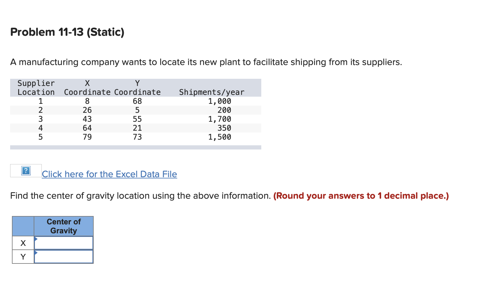 Problem 11-13 (Static) A manufacturing company