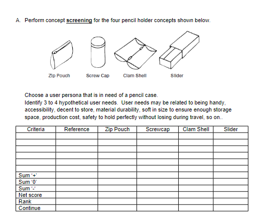 A. Perform concept screening for the four pencil