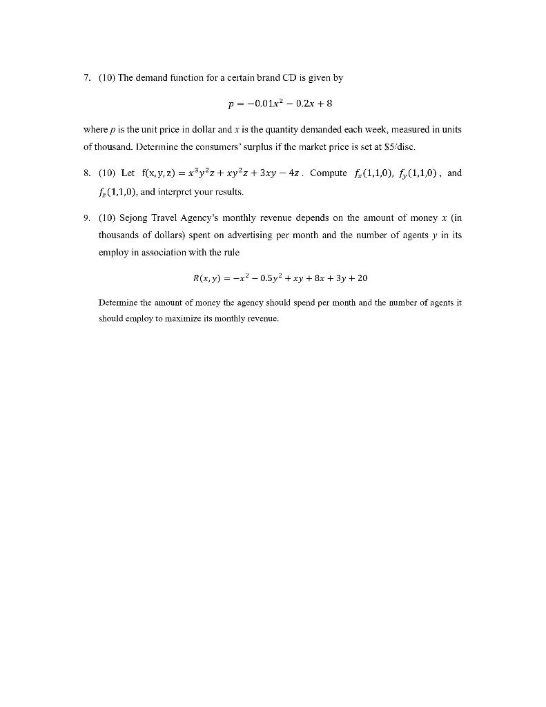 mathematics for management 7. (10) The demand