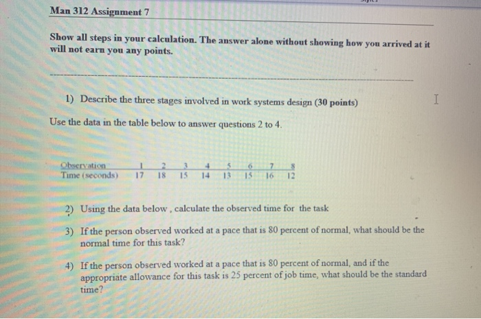 Man 312 Assignment 7 Show all steps in your