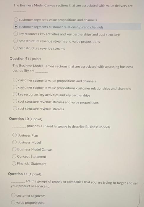 The Business Model Canvas sections that are