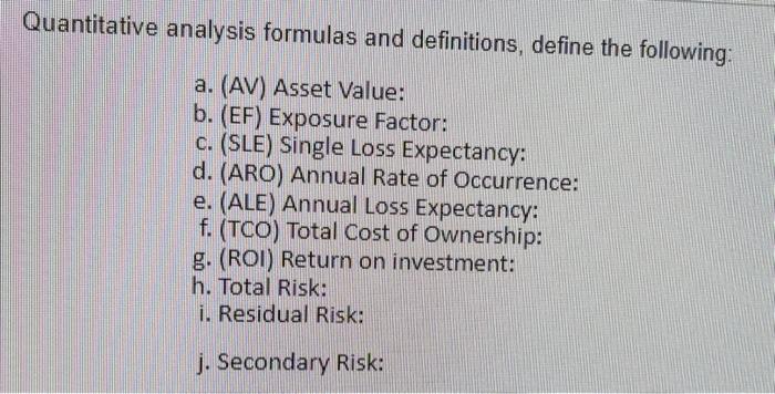 Quantitative analysis formulas and definitions,