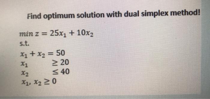 Find optimum solution with dual simplex method!