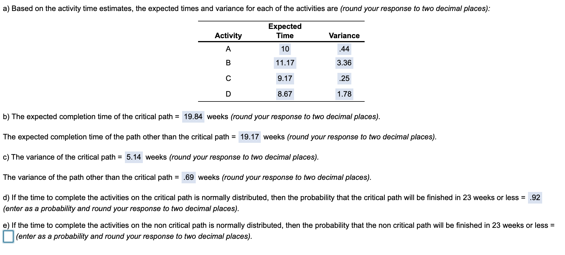 a) Based on the activity time estimates, the