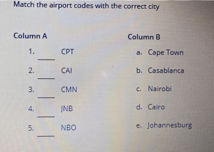 Match the airport codes with the correct city