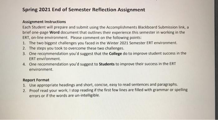 Spring 2021 End of Semester Reflection Assignment
