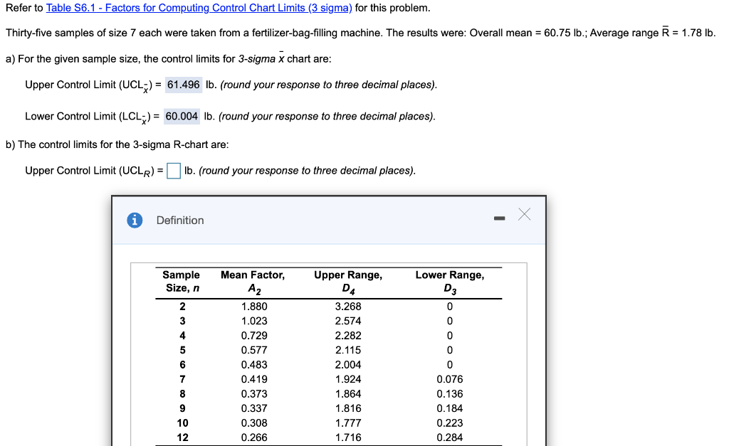 Refer to Table S6.1 - Factors for Computing